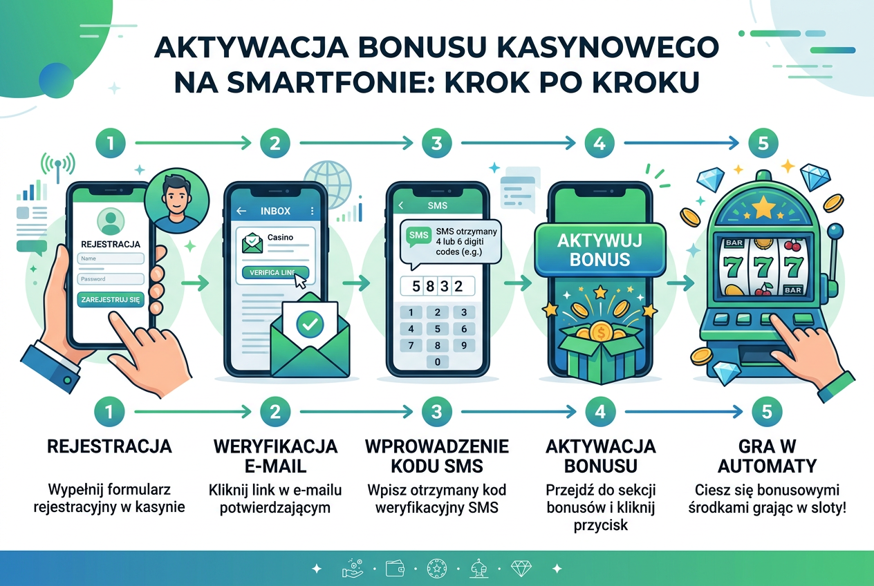 Infografika przedstawiająca kroki aktywacji bonusu bez depozytu