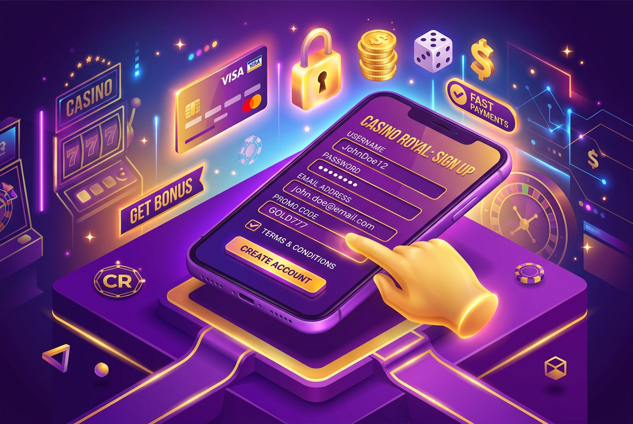 Ilustracja przedstawiająca proces rejestracji w kasynie online na smartfonie z widocznym polem na kod promocyjny