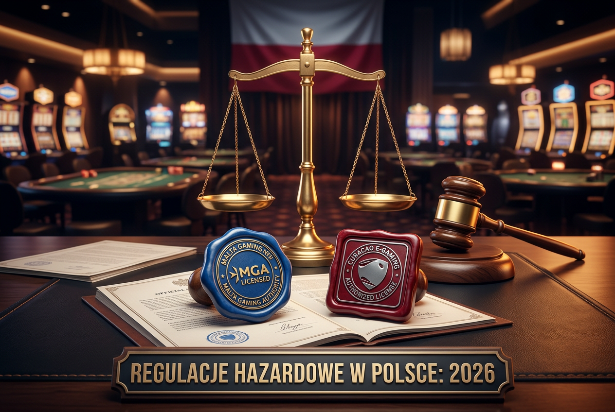 Symbole licencyjne i waga sprawiedliwości reprezentująca aspekty prawne kasyn online