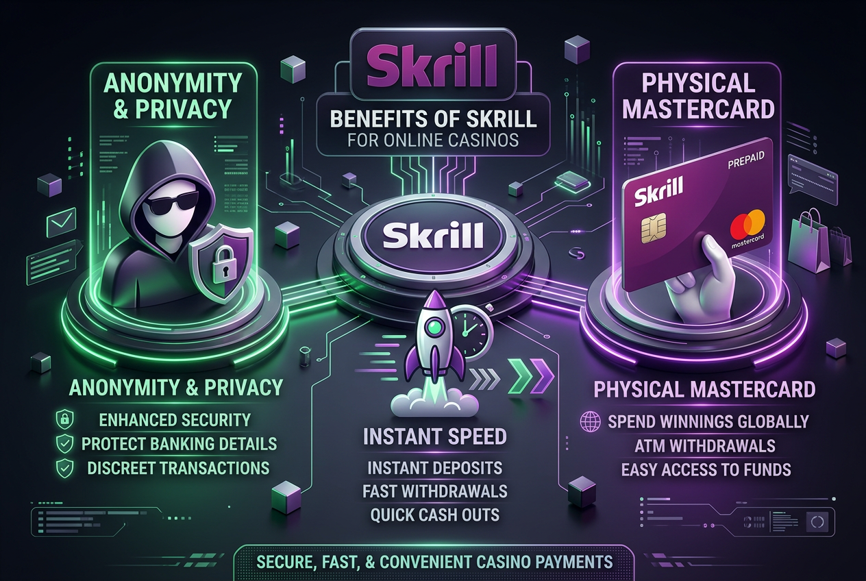 Infografika przedstawiająca zalety e-portfela Skrill w kasynach online